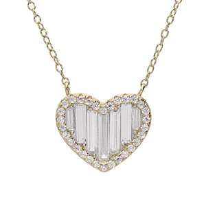 Collier en plaqué or avec pendentif coeur oxydes blancs rectangulaires et contour oxydes blancs sert