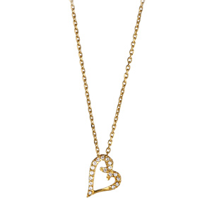 Collier en plaqué or chaîne avec pendentif coeur évidé orné d'oxydes blancs suspendu en biais - long