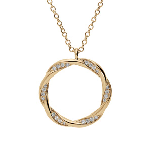 Collier en plaqué or chaîne avec pendentif cercle torsade et oxydes blancs sertis 16+2cm
