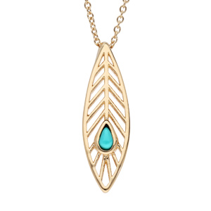 Collier en plaqué or chaîne avec pendentif plume et pierre couleur turquoise 40+4cm