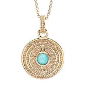Collier en plaqué or chaîne avec pendentif rond motif géometrique et pierre Amazonite véritable 40+4cm