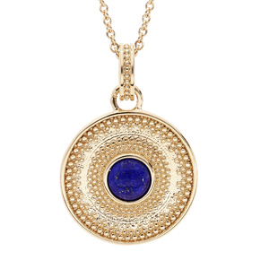 Collier en plaqué or chaîne avec pendentif forme ronde et pierre Lapis Lazuli véritable 40+4cm