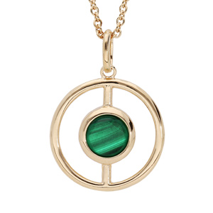Collier en plaqué or chaîne avec pendentif rond évidé et pierre Malachite véritable 40+4cm