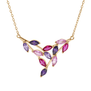 Collier en plaqué or motif végétal empierré violet, rose et fuschia 40+5cm