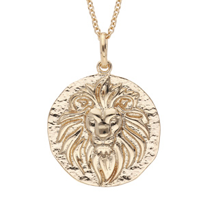 Collier en plaqué or chaîne avec pendentif rond motif Lion finition antique 40+4cm