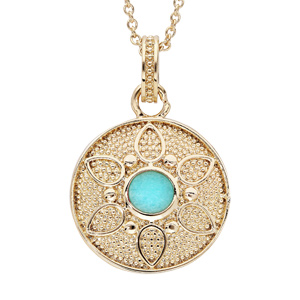 Collier en plaqué or chaîne avec pendentif rond motif fleur et pierre couleur turquoise 40+4cm