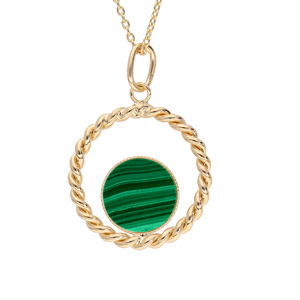 Collier en plaqué or chaîne avec pendentif anneau 20mm torsadé et Malachite véritable 38+5cm