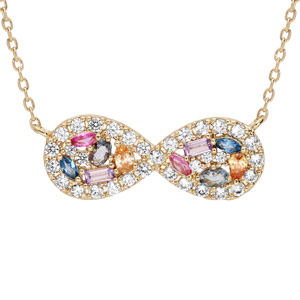 Collier en plaqué or chaîne avec infini contour d’oxydes blancs sertis et coeur de pierres multicouleur 40+5cm