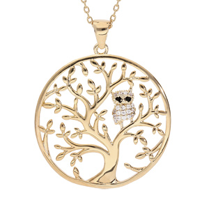 Collier en plaqué or chaîne avec pendentif arbre de vie et chouette empierrée 40+5cm