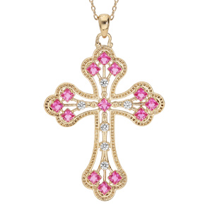Collier en plaqué or chaîne avec pendentif croix empierrée rose 40+5cm