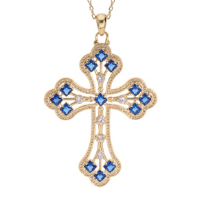 Collier en plaqué or chaîne avec pendentif croix empierrée avec oxydes bleu foncé 40+5cm