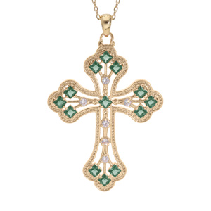 Collier en plaqué or chaîne avec pendentif croix empierrée d’oxydes verts foncés 40+5cm