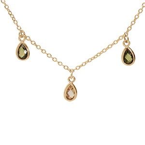 Collier en plaqué or chaîne avec pampilles gouttes d’oxydes verts et orangé 40+5cm