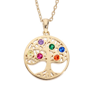 Collier en plaqué or chaîne avec pendentif rond arbre de vie empierré multicolore 40+5cm