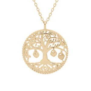 Collier en plaqué or chaîne avec pendentif arbre de vie et pampilles 3 coeurs doré (couple famille) 