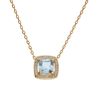 Collier en plaqué or massif chaîne avec pierre carré Topaze bleue véritable contour oxydes blancs sertis 40+5cm