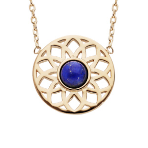 Collier en plaqué or chaîne avec rosace ajouré coeur Lapis Lazuli véritable 42cm