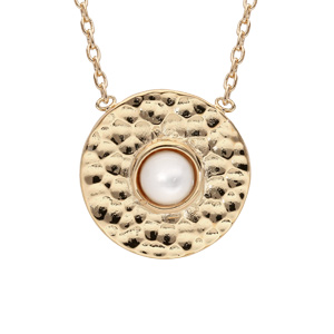 Collier en plaqué or chaîne avec médaillon rond martelé et coeur Nacre véritable 42cm