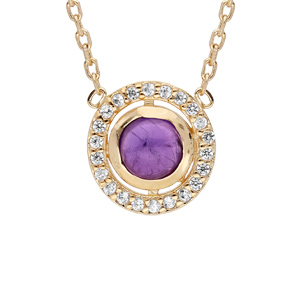 Collier en plaqué or chaîne avec médaillon au contour d'oxydes blancs sertis et Améthyste véritable