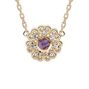 Collier en plaqué or chaîne avec médaille fleur et coeur Iolite véritable et oxydes blancs sertis 42cm