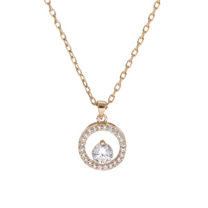 Collier en plaqué or chaîne avec pendentif rondelle évidée avec oxydes blancs sertis et 1 oxyde blanc serti 40+5cm