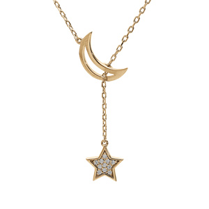 Collier en plaqué or chaîne avec lune évidée et 1 étoile pavée d'oxydes blancs sertis 41+3cm