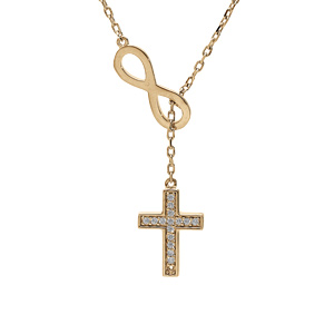 Collier en plaqué or chaîne avec symbole infini et 1 croix pavée d’oxydes blancs sertis 41+3cm