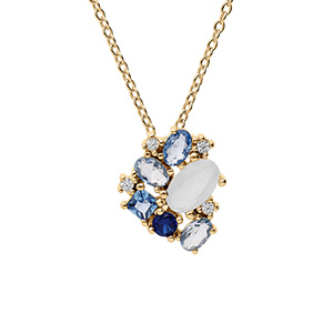 Collier en plaqué or chaîne avec pendentif géométrie oxydes bleus et blanc 42+3cm
