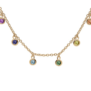 Collier en plaqué or chaîne avec pampilles oxydes rond sertis multi couleurs 36+6cm