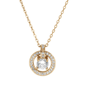 Collier en plaqué or chaîne avec pendentif rondelle oxydes blancs sertis et 1 oxyde blanc serti 40+5