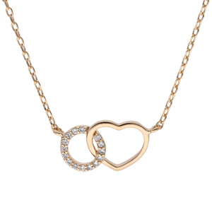 Collier en plaqué or chaîne avec cercle pavé d'oxydes blancs sertis entrelacé avec coeur lisse 40+5c