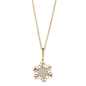 Collier en plaqué or chaîne avec pendentif flocon de neige avec coeur orné d’oxydes blancs sertis – longueur 45cm
