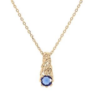 Collier en plaqué or chaîne avec pendentif solitaire oxyde bleu foncé et feuillage 42+3cm