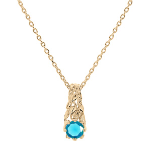 Collier en plaqué or chaîne avec pendentif solitaire oxyde bleu ciel et feuillage 42+3cm