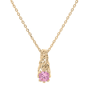 Collier en plaqué or chaîne avec pendentif solitaire oxyde rose et feuillage 42+3cm