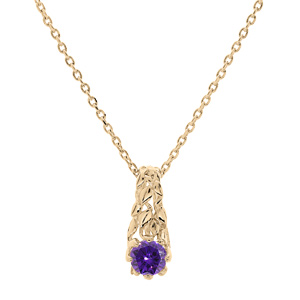 Collier en plaqué or chaîne avec pendentif solitaire oxyde violet et feuillage 42+3cm