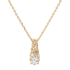 Collier en plaqué or chaîne avec pendentif solitaire oxyde blanc serti et feuillage 42+3cm
