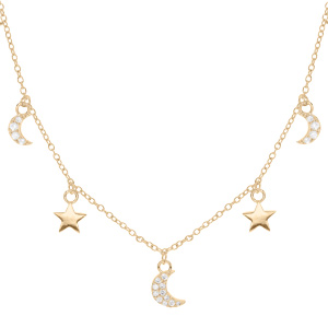 Collier en plaqué or avec pampilles lunes pavées d'oxydes blancs sertis et étoiles 40+4,5cm