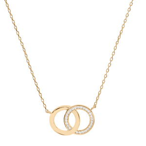 Collier en plaqué or chaîne avec pendentif anneaux entrelacés lisse et oxydes blancs sertis 40+5cm