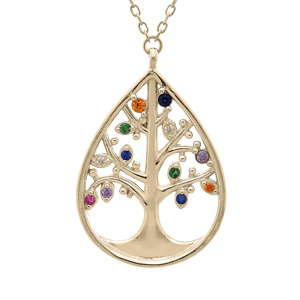 Collier en plaqué or chaîne avec pendentif arbre de vie dans goutte et oxydes multi couleurs sertis 40+3cm