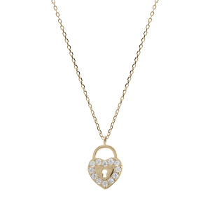 Collier en plaqué or chaîne avec pendentif coeur et cadenas oxydes blancs sertis 40+3cm