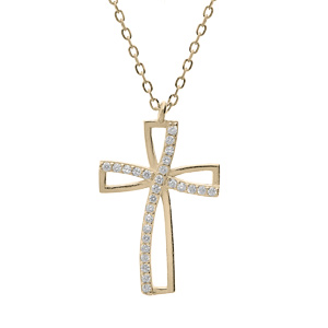 Collier en plaqué or chaîne avec pendentif coeur croix oxydes blancs sertis 40+3cm