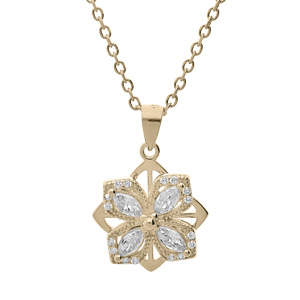 Collier en plaqué or chaîne avec pendentif fleur (qui tourne) et oxydes blancs sertis 40+3cm