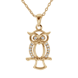 Collier en plaqué or chaîne avec pendentif hibou/chouette et oxydes blancs sertis 40+4cm