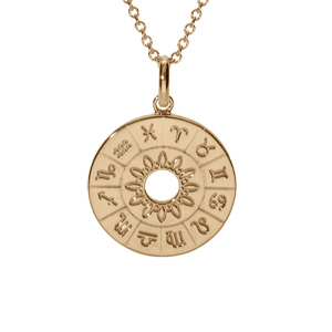 Collier en plaqué or disque évidée calendrier astrologie et soleil 42+3cm