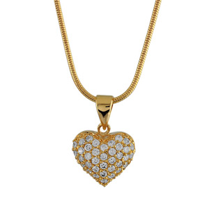 Collier en plaqué or chaîne avec pendentif coeur avec recto pavé d'oxydes blancs et verso en arabesq
