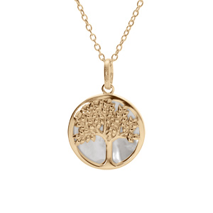 Collier en plaqué or arbre de vie avec nacre blanche 42+3cm