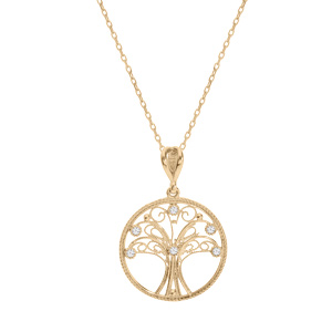 Collier en plaqué or chaîne avec pendentif arbre de vie filigrane et oxydes blancs sertis 40+5cm