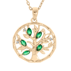Collier en plaqué or chaîne avec pendentif arbre de vie dans anneau et oxydes verts 40+4cm