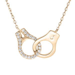 Collier en plaqué or massif chaîne avec pendentif menottes et oxydes blancs 40+5cm